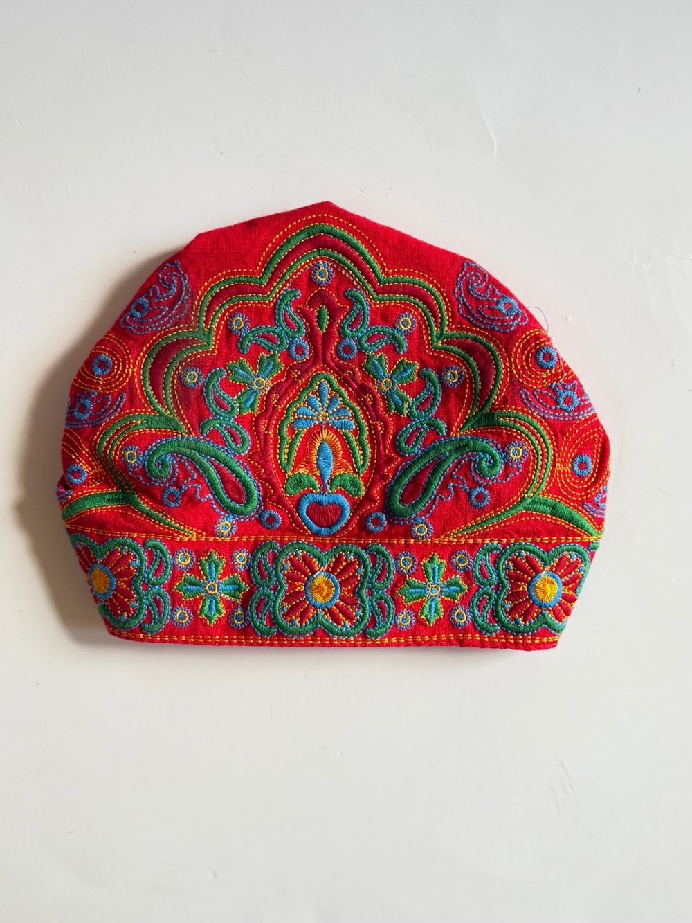 Boho Embroidered Floral Stretch Cap Hat Red Multicolor Folk Art One Size